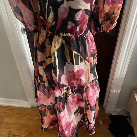 Anthropologie Puff-Sleeve Organza Midi Dress MEDIUM Silk Floral No Under Dress - Picture 4 of 9